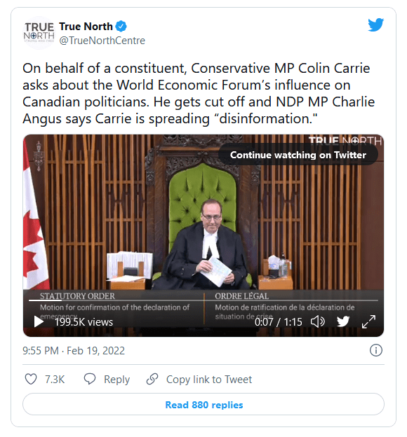 I had a constituent who wanted me to ask a qustion about outside interference to our democracy. Klaus Schwab is the head of the World economic Forum and he bragged how his subservice WEF has ‘infiltrated governments around the world’, he said that his organization had penetrated more than half of Canada’s cabinet,” Carrie stated.